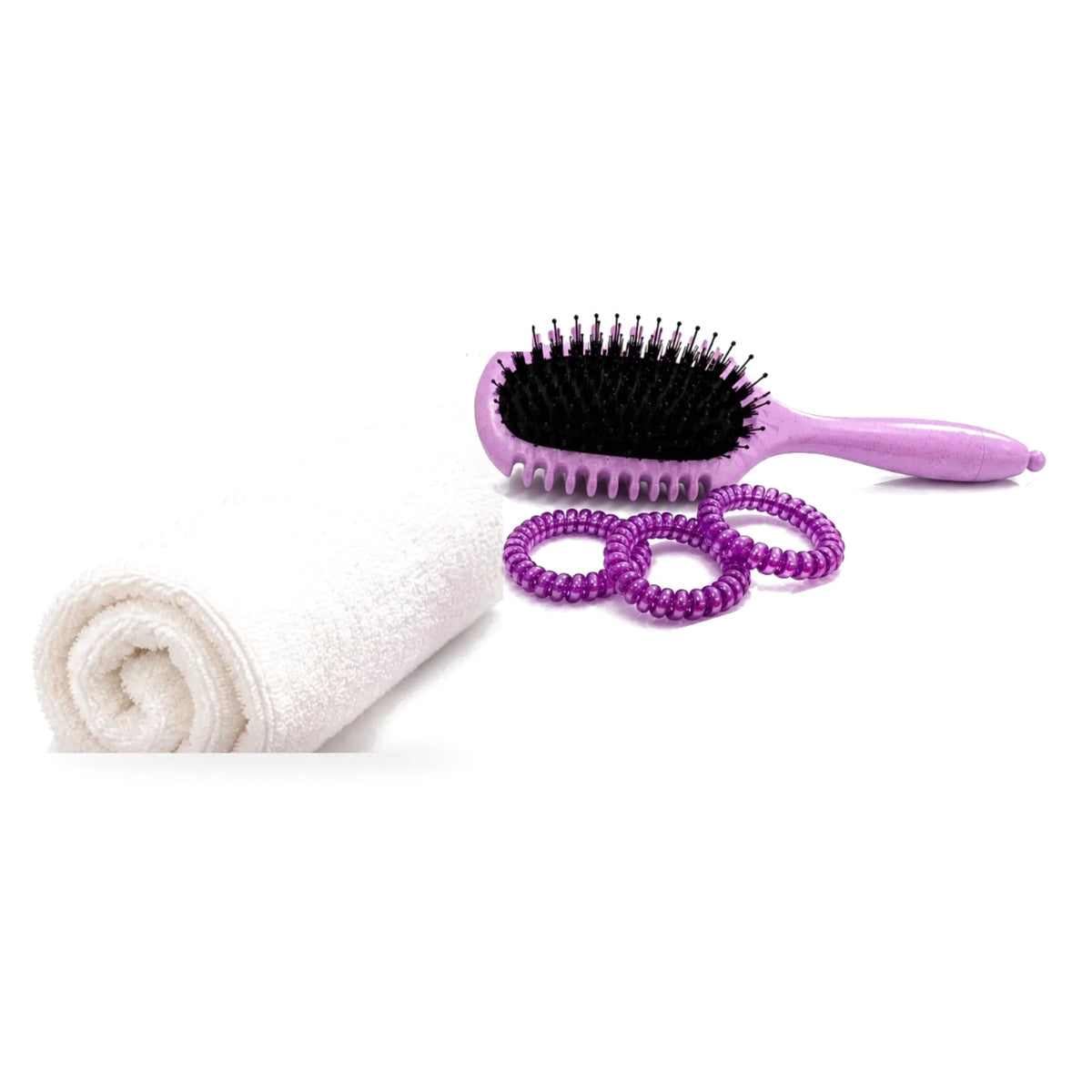 Curly Care Essentials Set: Curly Edge Brush, microfiber hair towel and 3 spiral hair bands