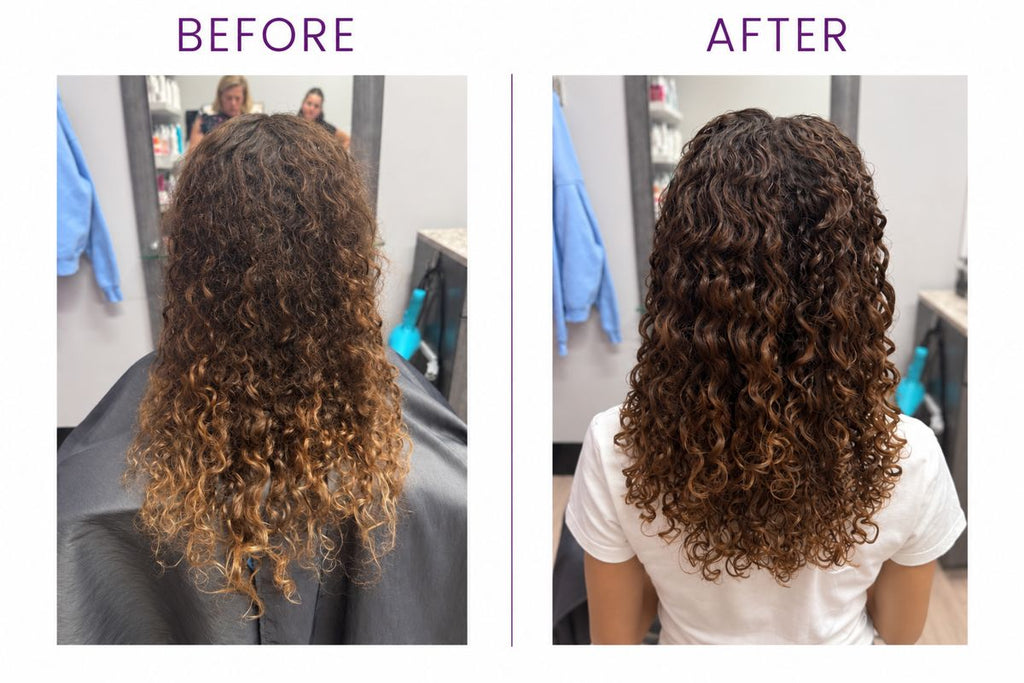 Before and after curly haircut at Curl Evolution