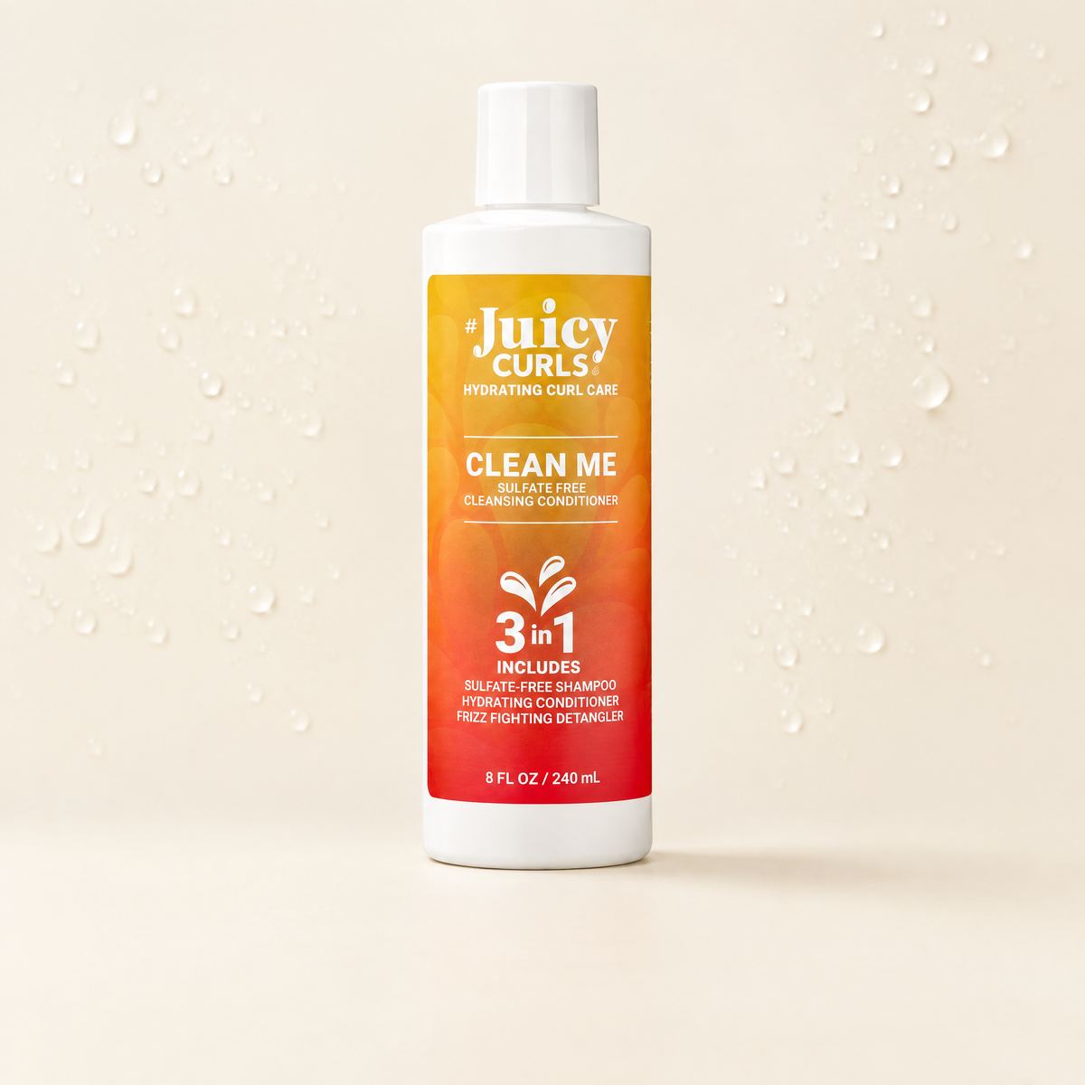 Juicy Curls Clean Me sulfate-free cleansing conditioner bottle on a soft studio background