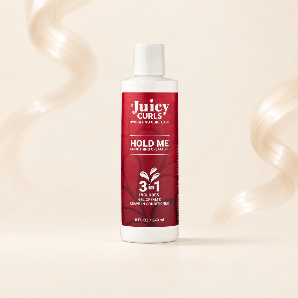 Juicy Curls Hold Me 3-in-1 curl cream gel bottle on a warm studio background