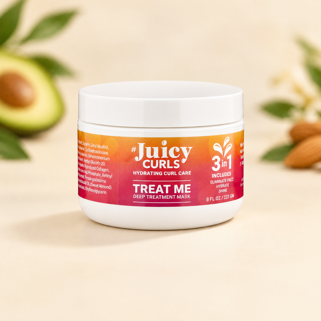 Juicy Curls Treat Me deep treatment mask jar with avocado and almond styling accents